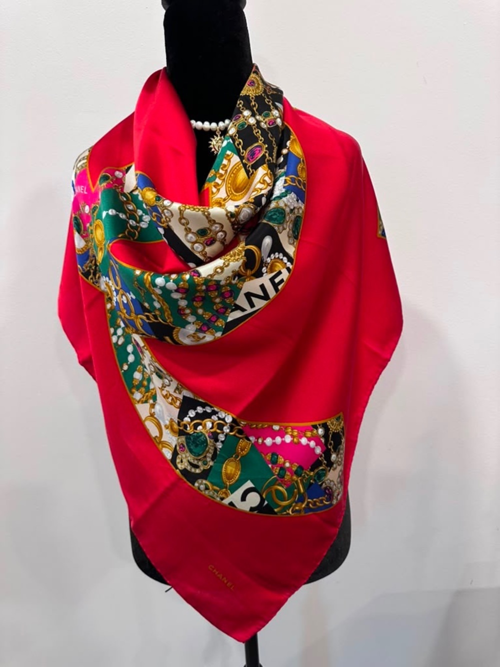 Chanel Silk Scarf Red Hand Rolled